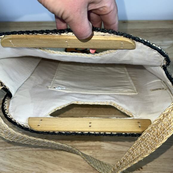 Vintage Handmade Straw Cord Wooden Handle Mushroom Tote Bag Purse Taiwan Boho - Picture 8 of 9